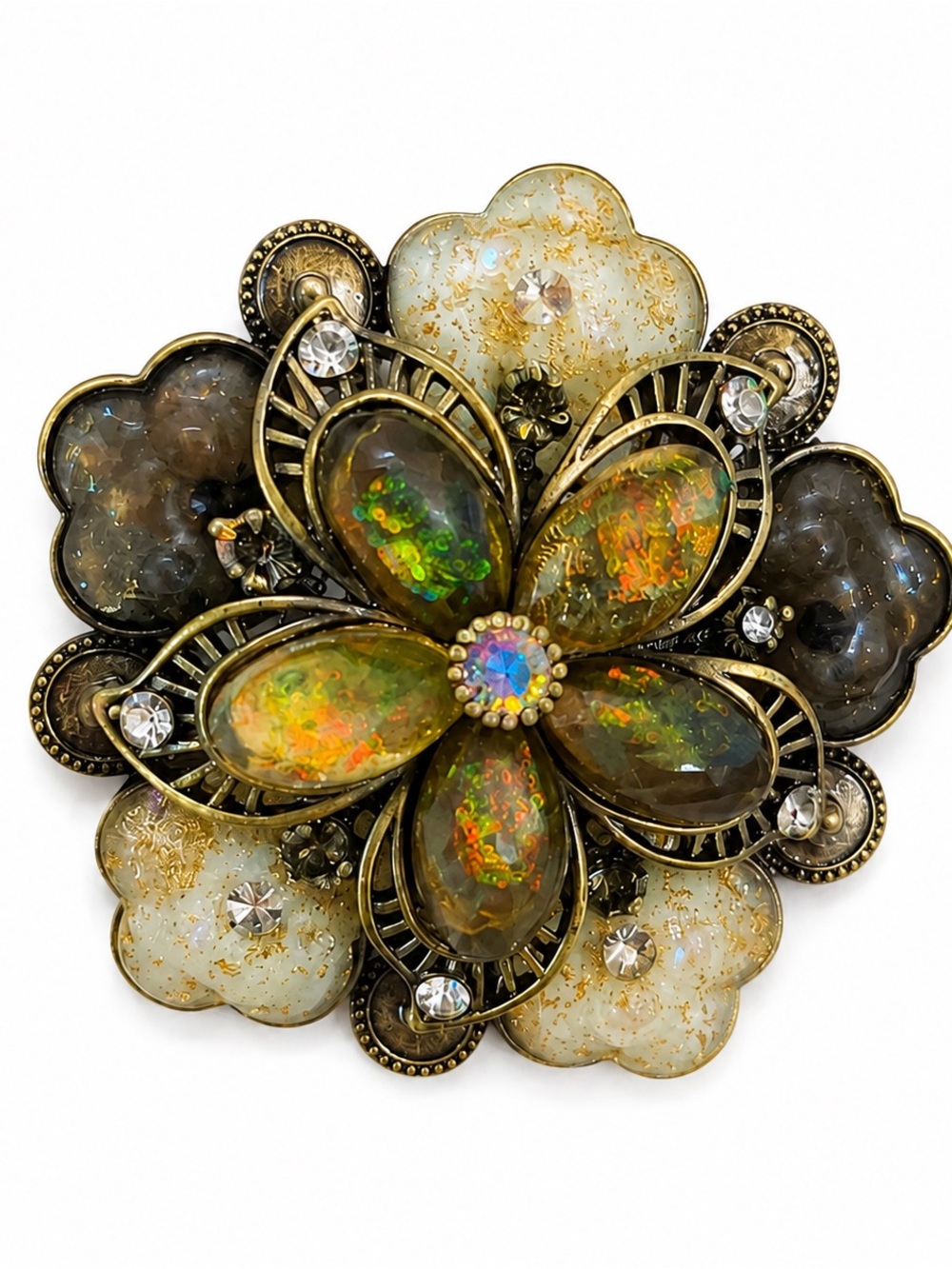 Vintage Floral Brooch with Iridescent Opal Effect and Gold-Tone Accents